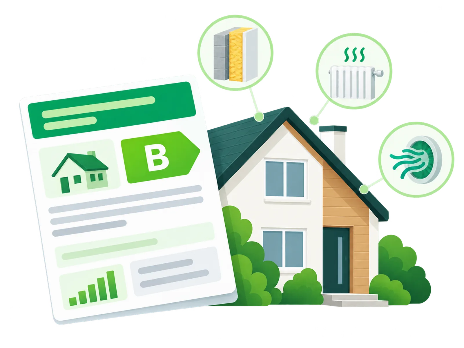 Illustratie van een energielabel document met klasse B naast een woning